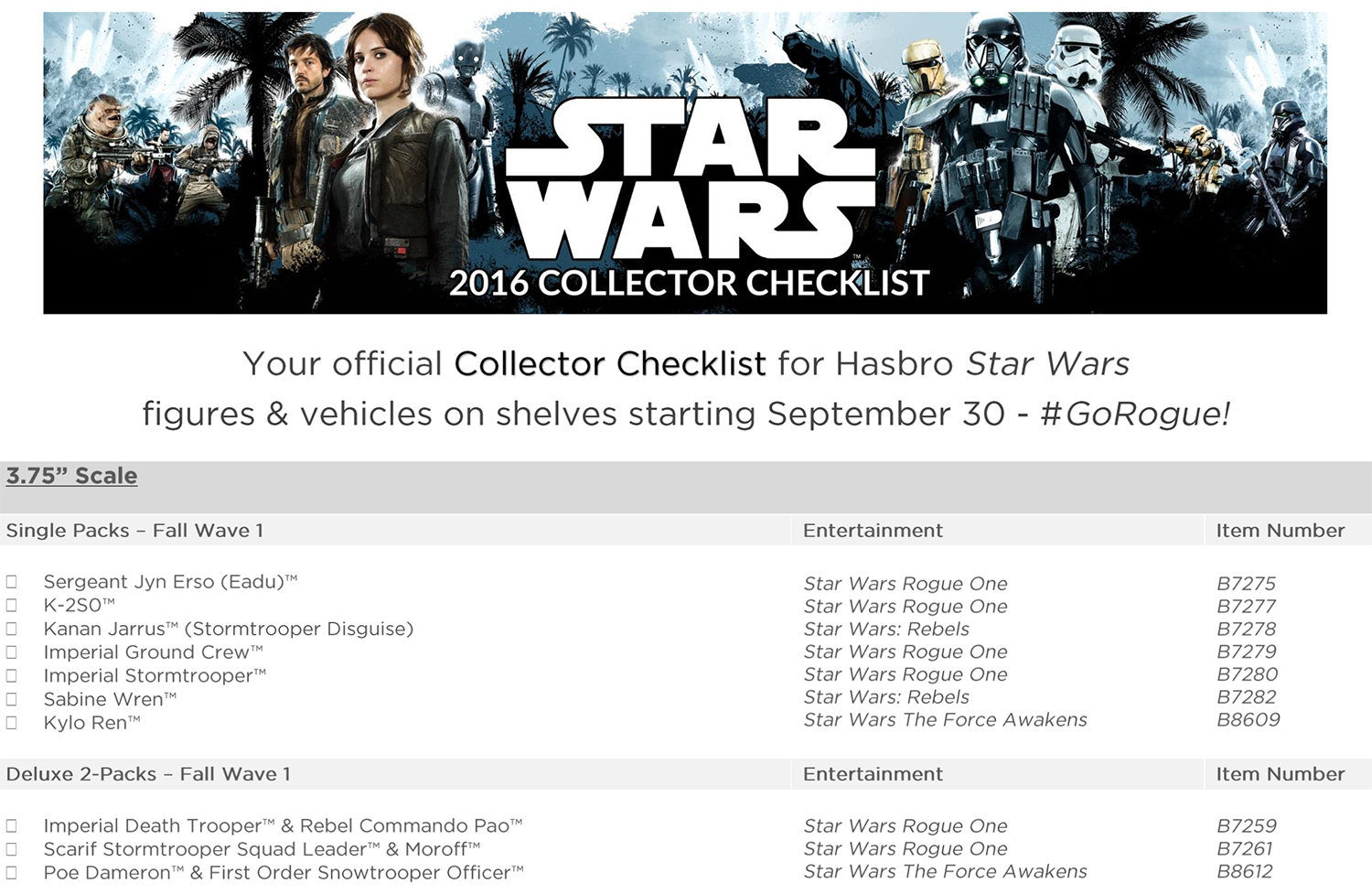 Official Hasbro Star Wars checklist for Fall 2016